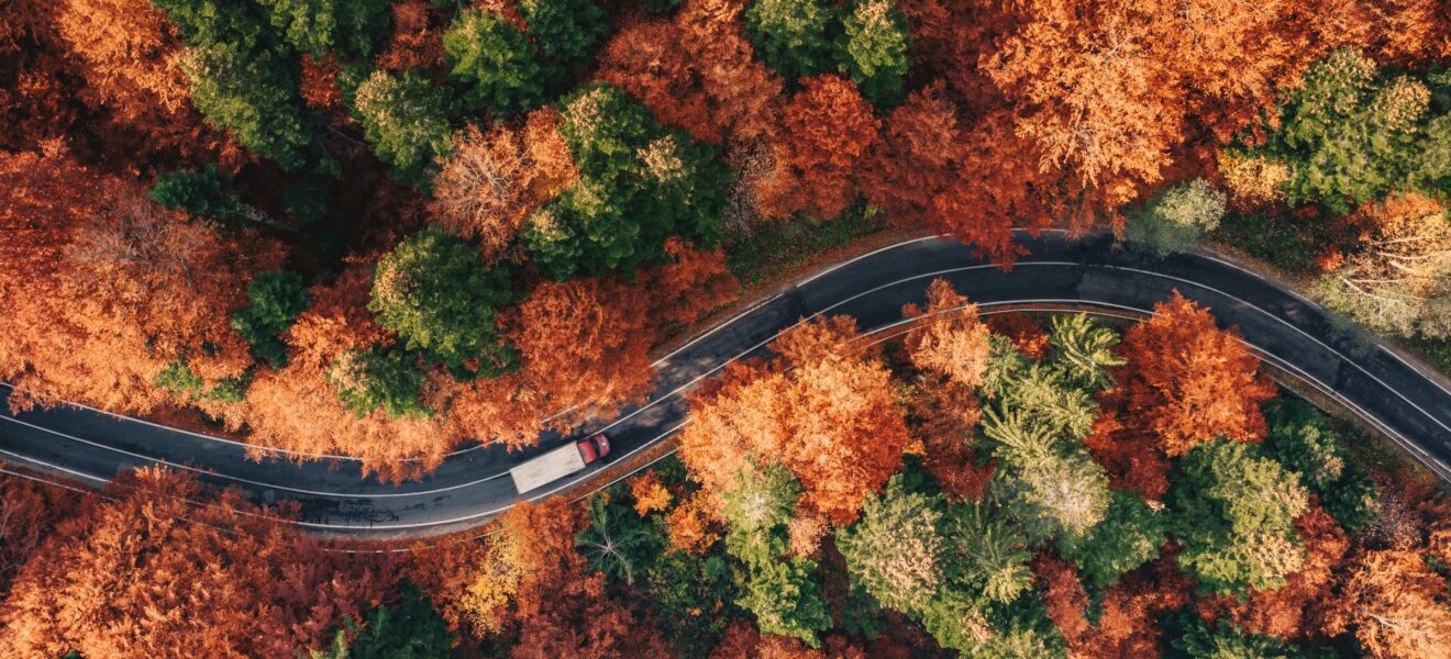 LKW mit alternativem Antrieb auf der Straße durch den Herbst