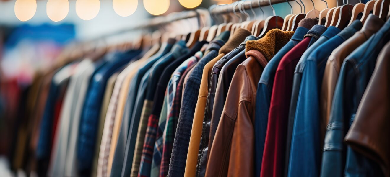 Kleiderstange mit bunter Secondhand-Mode im Secondhand-Shop