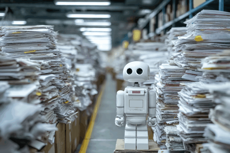 Roboter zwischen Papierstapeln symbolisiert Digitalisierung und Bürokratie im eGovernment MONITOR 2025 in Deutschland.