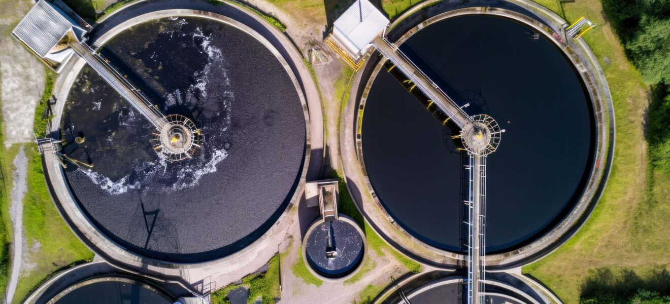 Das Bild zeigt eine Luftaufnahme mehrerer kreisförmiger Abwasserbehandlungstanks, die in der Dämmerung in Betrieb sind.