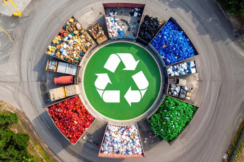 Luftaufnahme von Recyclingbehältern in lebendigen Farben, die einen Kreis um ein grünes Recyclingsymbol bilden und Nachhaltigkeit fördern.