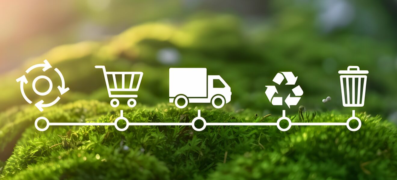 Zeitstrahl mit unterschiedlichen Etappen der Kreislaufwirtschaft vor Naturhintergrund (Foto: Soyaeb)