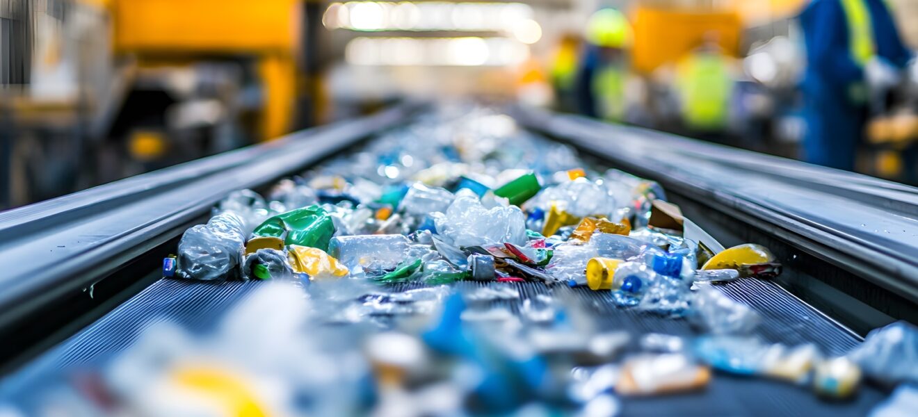 Fließband mit entsorgten Plastikflaschen
