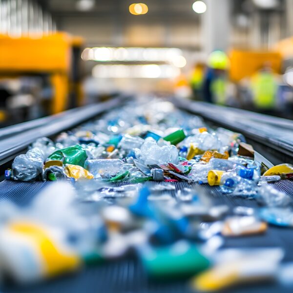 Fließband mit entsorgten Plastikflaschen
