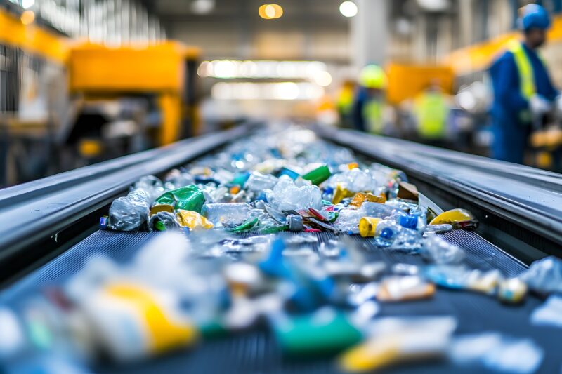 Fließband mit entsorgten Plastikflaschen