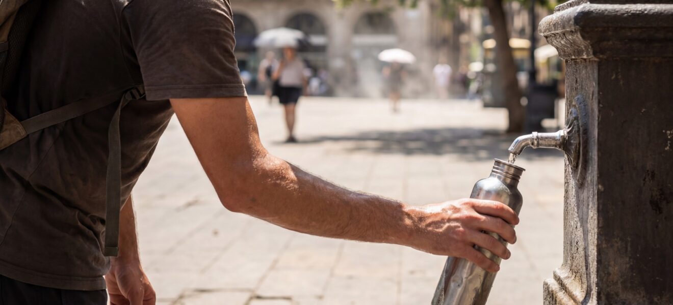 Mann füllt Wasserflasche an Trinkbrunnen in der Stadt auf.
