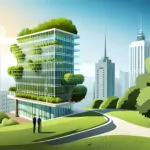 Hochhaus mit grüner Fassade vor Wolkenkratzern in der Schwammstadt