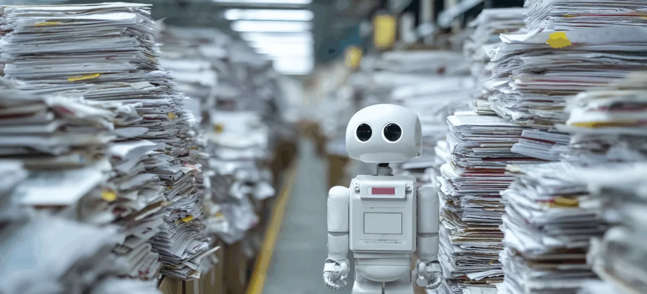 Roboter zwischen Papierstapeln symbolisiert Digitalisierung und Bürokratie im eGovernment MONITOR 2025 in Deutschland.
