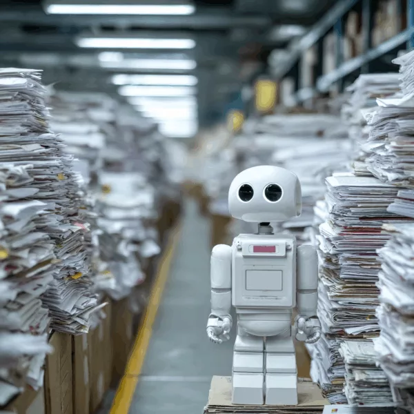 Roboter zwischen Papierstapeln symbolisiert Digitalisierung und Bürokratie im eGovernment MONITOR 2025 in Deutschland.