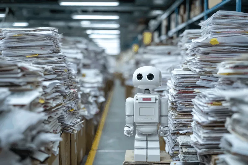 Roboter zwischen Papierstapeln symbolisiert Digitalisierung und Bürokratie im eGovernment MONITOR 2025 in Deutschland.