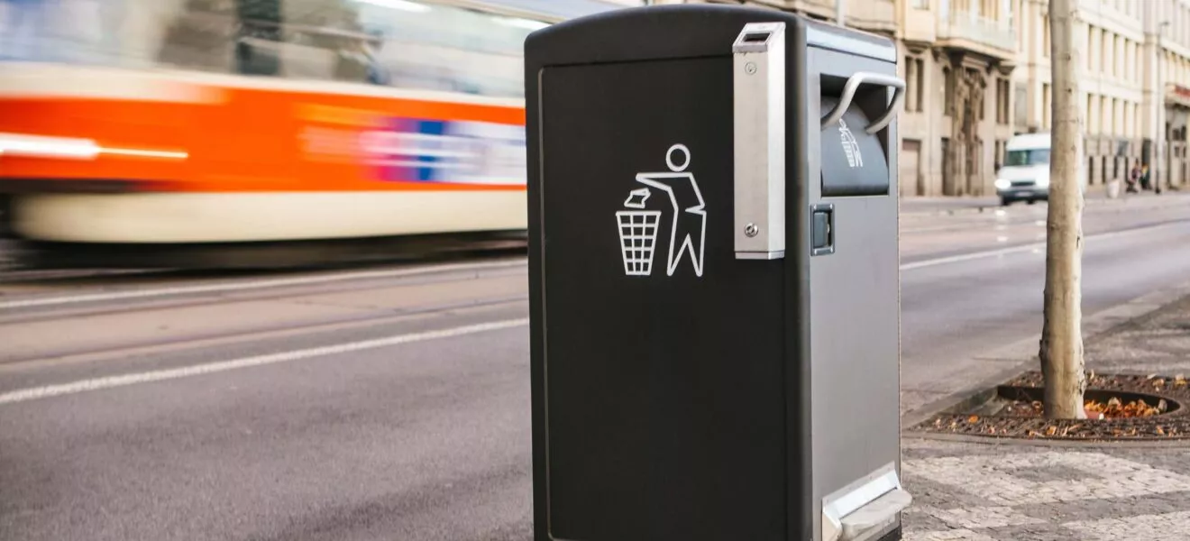 A modern clever trash can on the street in Prague in the Czech Republic. Collection of waste in Europe for subsequent disposal. Eco-friendly waste collection